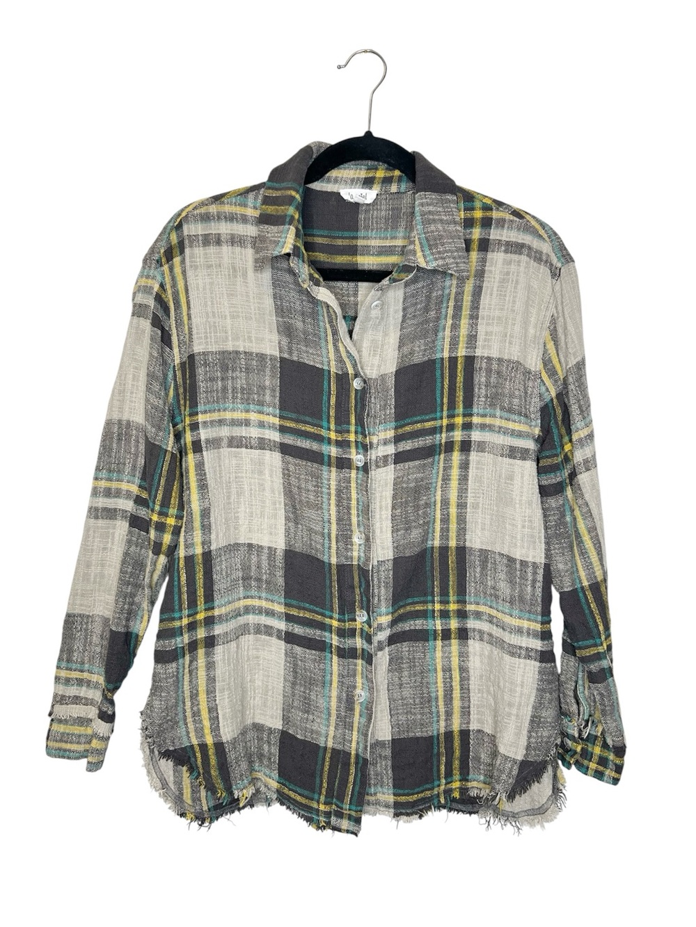 LA MIEL Woodsy Plaid Cabincore 100% Cotton Frayed Edge Button Down Top Medium